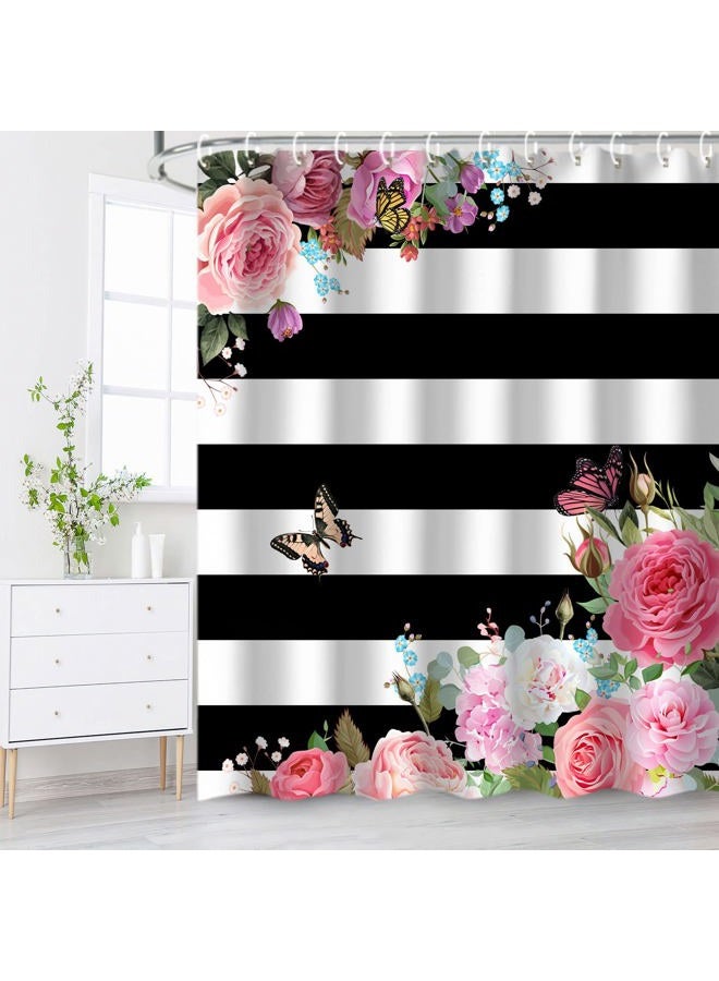 LIVILAN Striped Fabric Shower Curtain, Pink Floral Bathroom Curtains Set with Hooks Flower Butterfly Bathroom Decor 72x78 Inches Machine Washable - Image 3