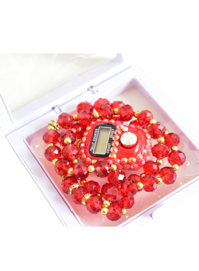 Red Digital Diamond Tally Counter and 33 count Crystal Tasbeeh Set Islamic Dhikr 9x9x2cm Gift Box - Image 1