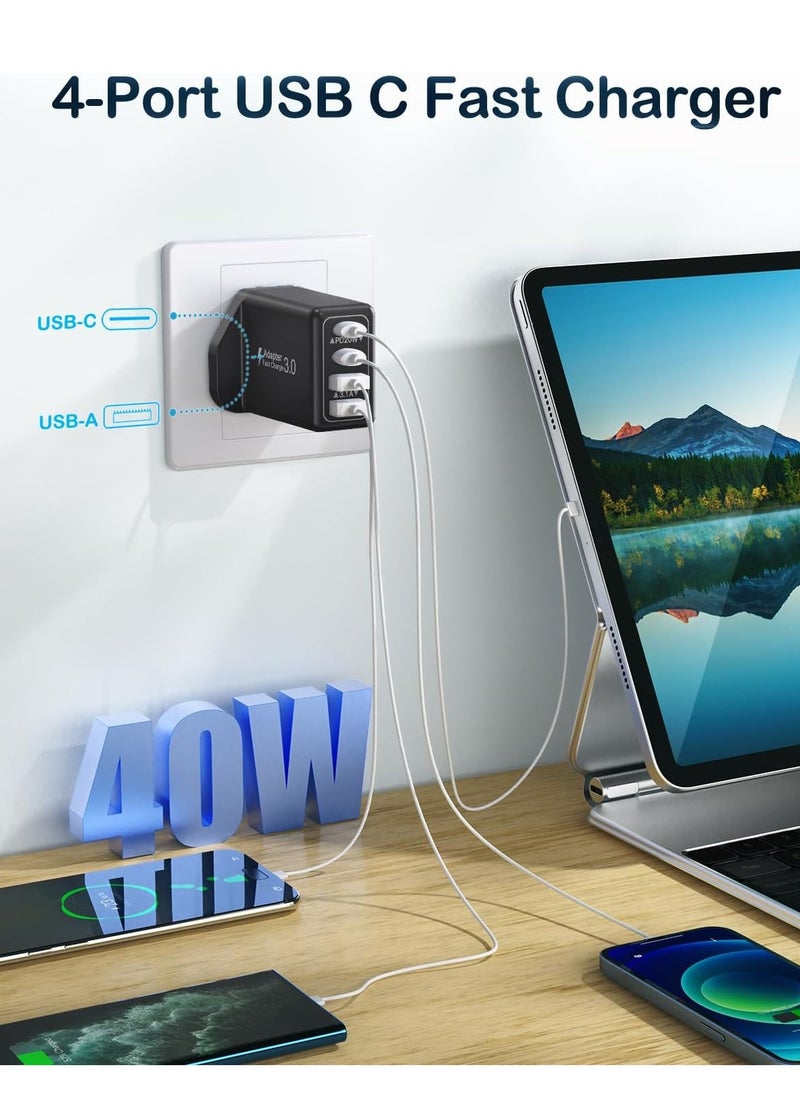 MIXDE - 2-Pack USB C Plug,40W 4-Port Fast Charging Plug UK Type C Charger Dual Port PD+QC Wall Plug, Multi USB C Power Adaptor Charger Plug for iPhone 15 14 13 12 11 Pro Max XS XR X SE 8 7 Plus,iPad,Samsung - Image 1
