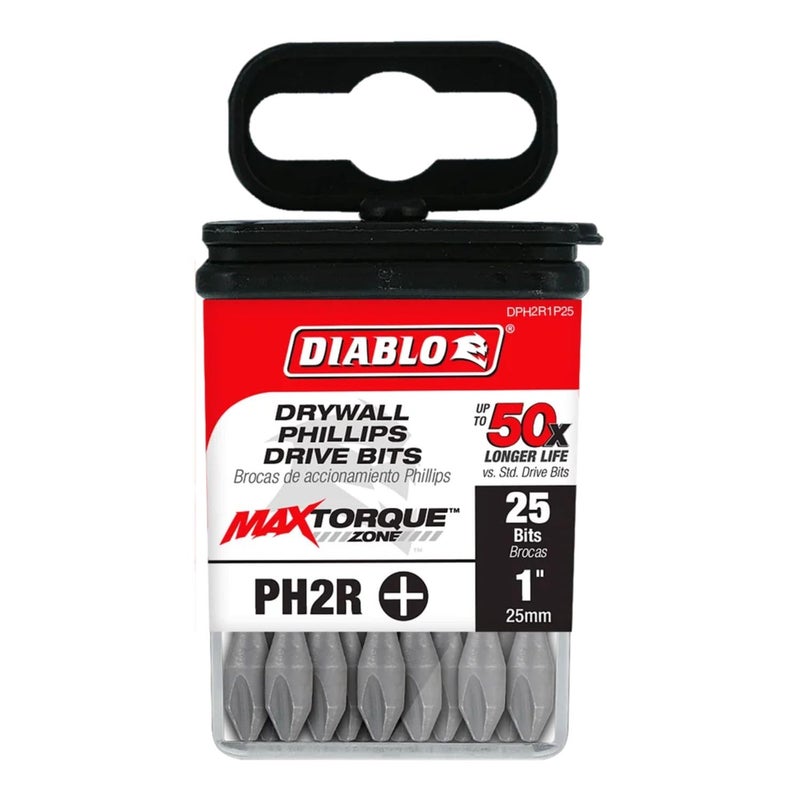 Diablo Reduced Phillips Drive Bits for Drywall for Fastening Screws and Nuts - MaxTorque Zone, Impact Strong, 1/4" Hex Shank, PHR2 Screwdriver Head - #2, 1" Length, 25-Pack - DPH2R1P25 - Image 3