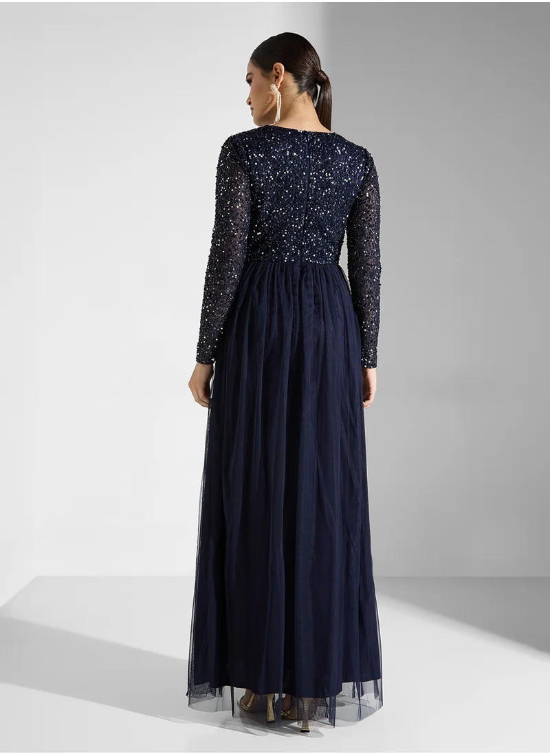 Lace and Beads Crew Neck Sequin Maxi Dress