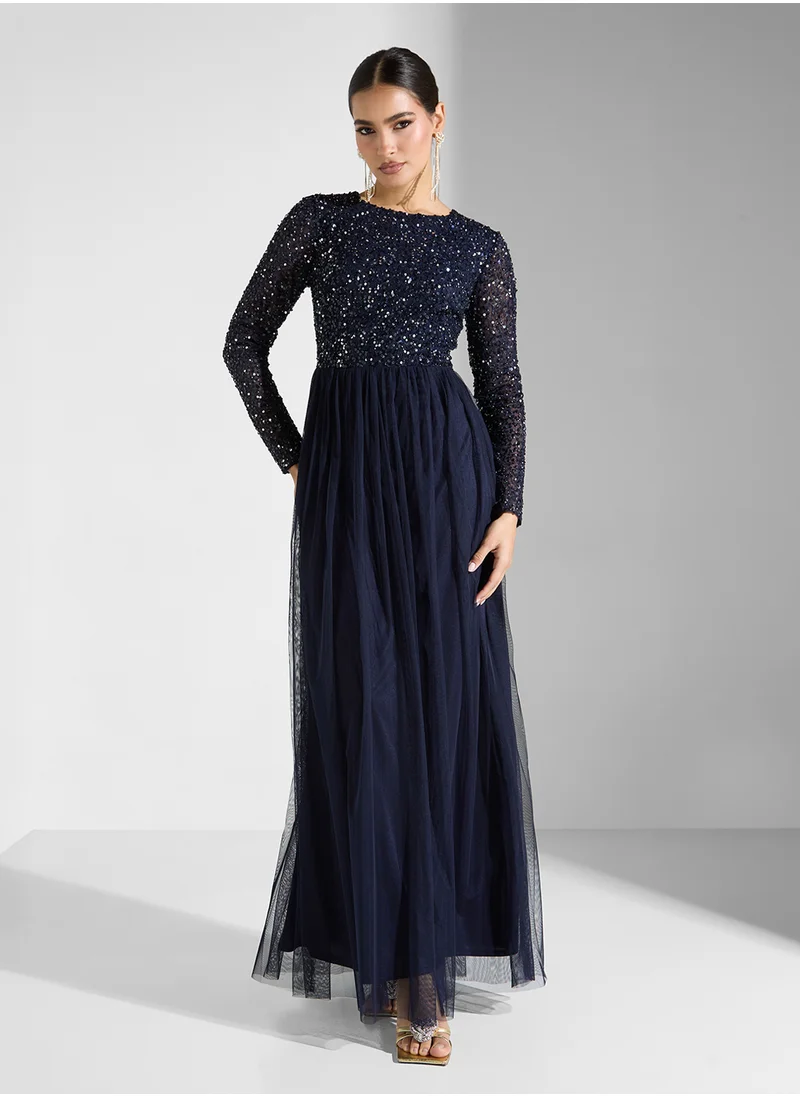 Lace and Beads Crew Neck Sequin Maxi Dress