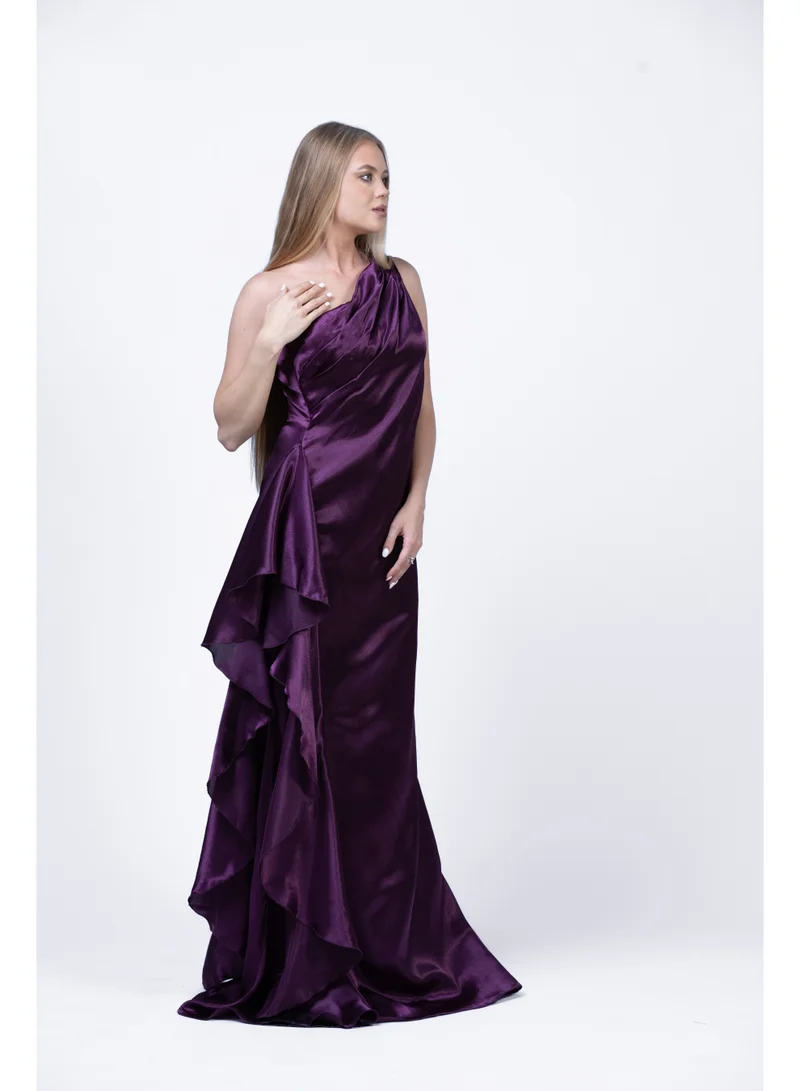 فاشونارا فستان سهرة حريري بكتف واحد مع دريب جانبي واحد | فستان رسمي أنيق للنساء