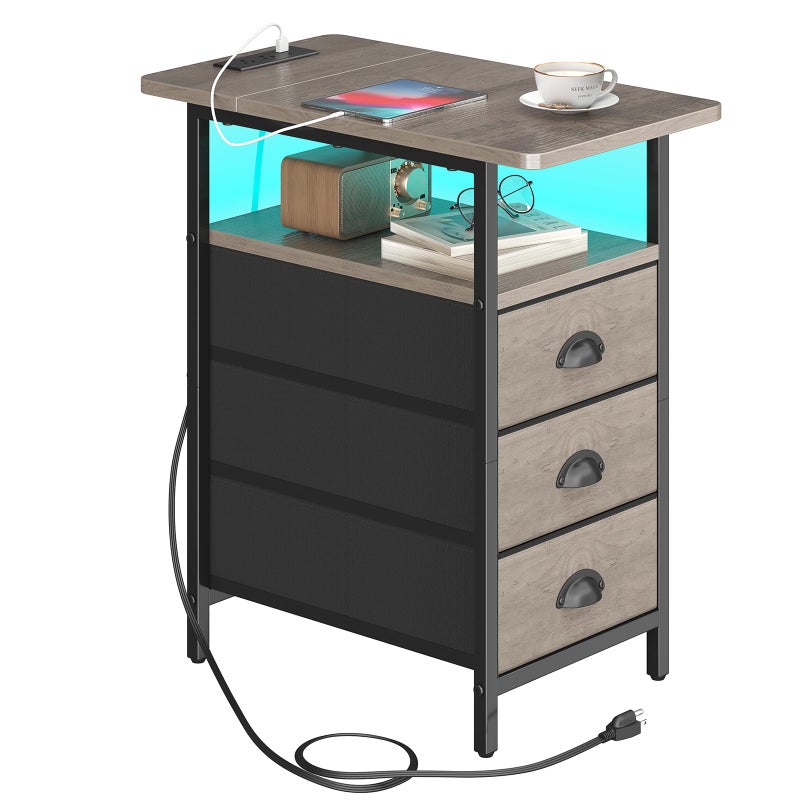 sthmec End Table with Charging Station,LED Side Tables with USB Ports and Outlets,Narrow Nightstands Bedside Tables with 3 Drawers for Small Space,Slim Sofa Table for Livingroom,Grey - Image 1