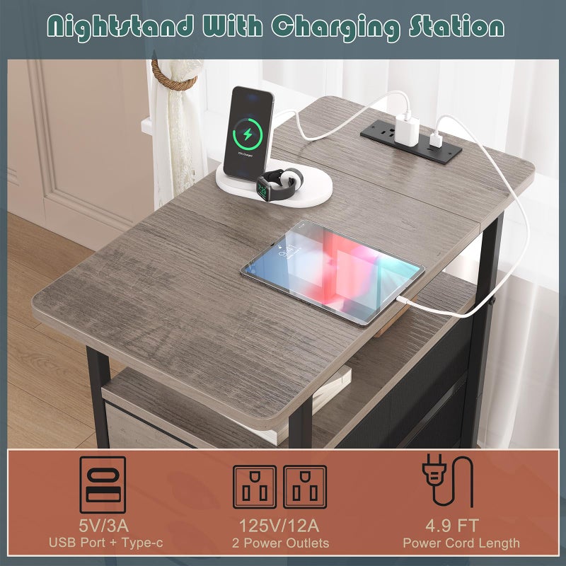 sthmec End Table with Charging Station,LED Side Tables with USB Ports and Outlets,Narrow Nightstands Bedside Tables with 3 Drawers for Small Space,Slim Sofa Table for Livingroom,Grey - Image 4