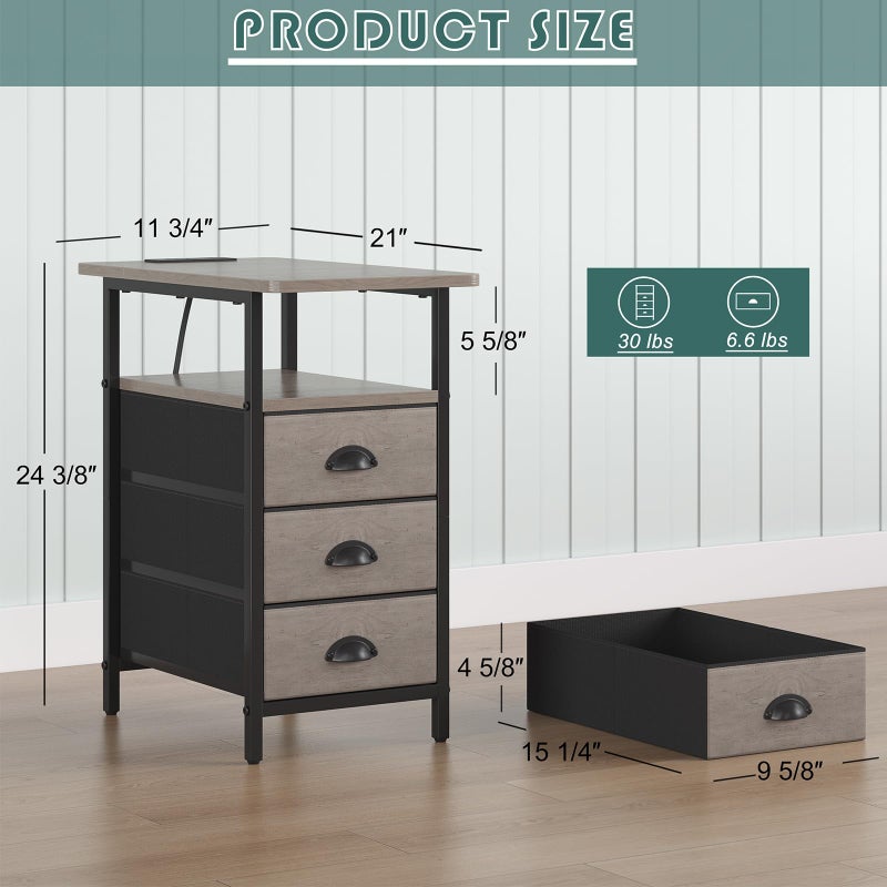 sthmec End Table with Charging Station,LED Side Tables with USB Ports and Outlets,Narrow Nightstands Bedside Tables with 3 Drawers for Small Space,Slim Sofa Table for Livingroom,Grey - Image 3
