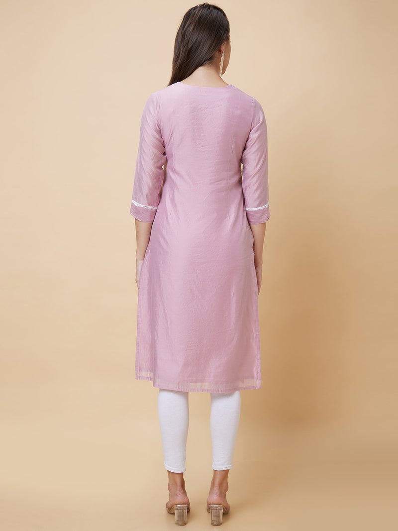 globus Globus Women Floral Embroidered Tie-Up Neck Straight Kurta - Image 4