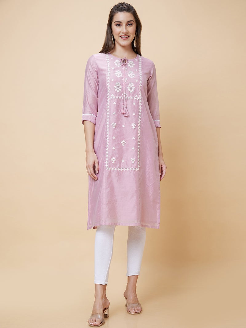 globus Globus Women Floral Embroidered Tie-Up Neck Straight Kurta - Image 2