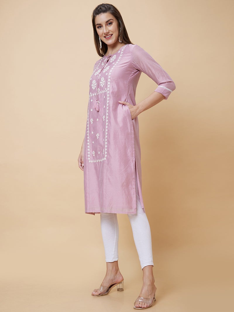 globus Globus Women Floral Embroidered Tie-Up Neck Straight Kurta - Image 3