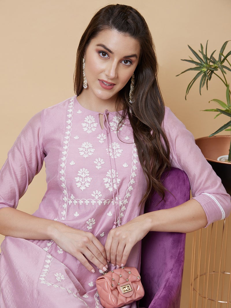 globus Globus Women Floral Embroidered Tie-Up Neck Straight Kurta - Image 1