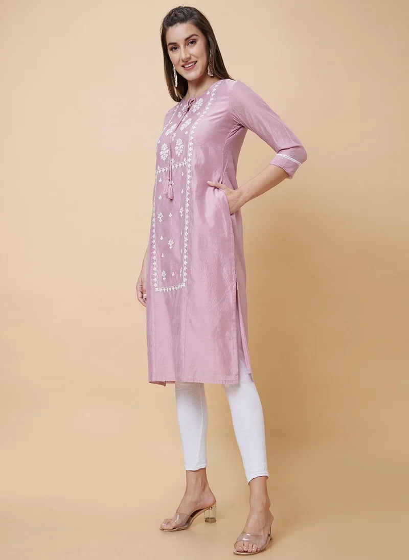 globus Globus Women Floral Embroidered Tie-Up Neck Straight Festive Kurta