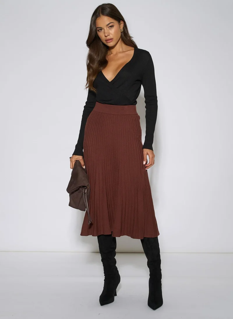 Brown Pleat Detail Knitted Flared Midi Skirt
