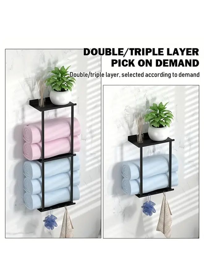 Black Iron Double Layer Wall Mounted Towel Rack Heavy Duty Space Saving - Image 1