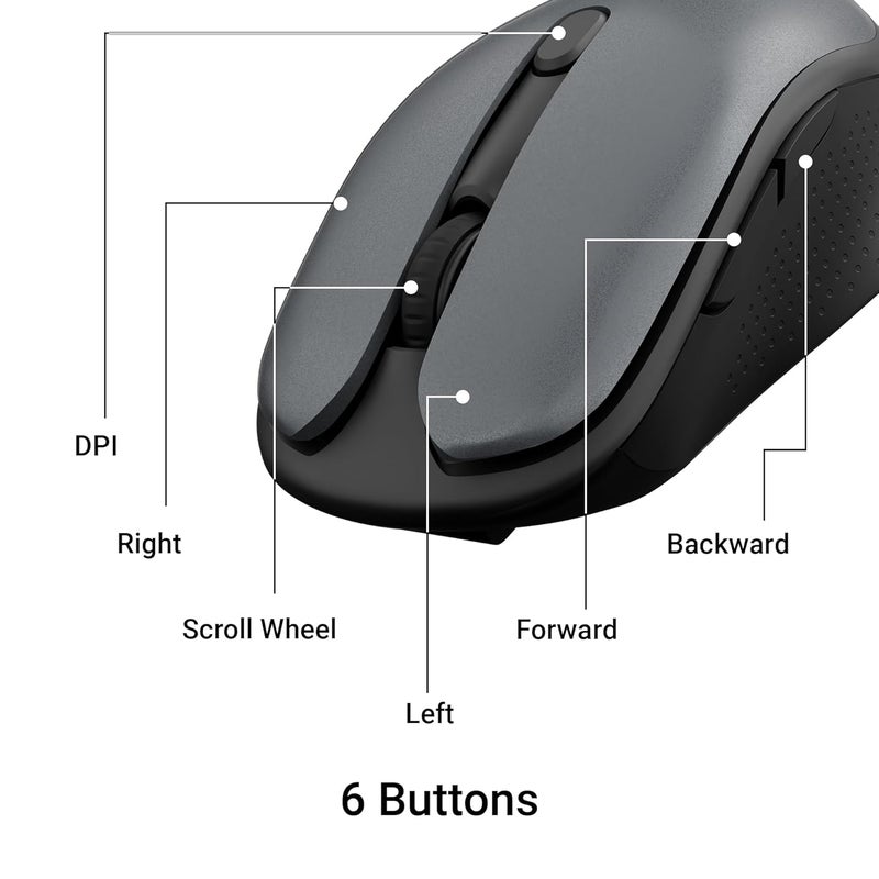 ZEBRONICS Charm Rechargeable Wireless Mouse, Dual Mode (2.4GHz + BT), Dual Bluetooth, Upto 1600 DPI, Silent Operation, 6 Buttons, Comfortable & Ergonomic, for Mac | Laptop | Computer (Metallic Grey) - Image 5