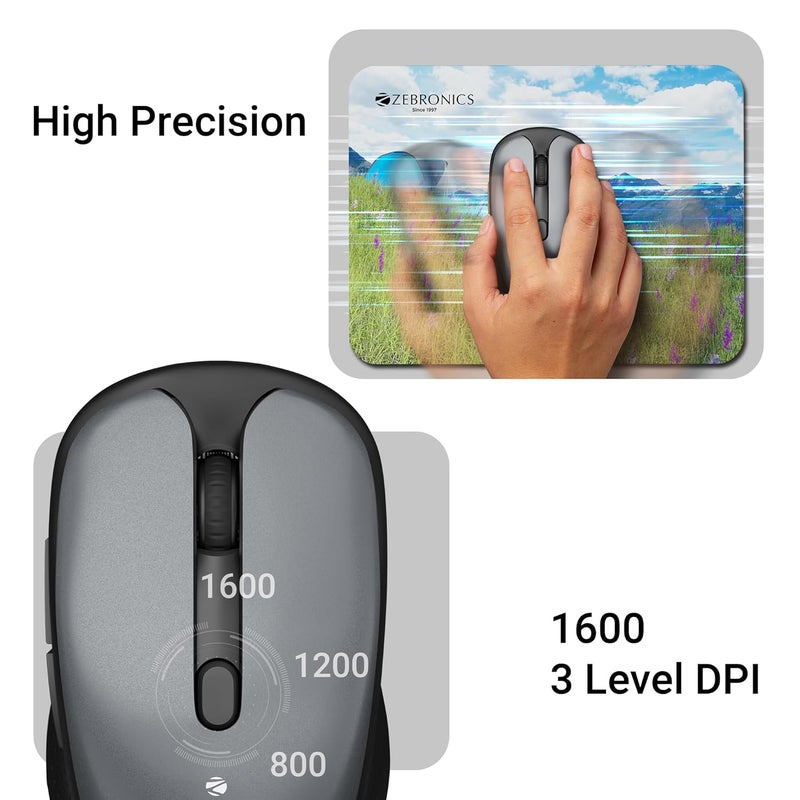 ZEBRONICS Charm Rechargeable Wireless Mouse, Dual Mode (2.4GHz + BT), Dual Bluetooth, Upto 1600 DPI, Silent Operation, 6 Buttons, Comfortable & Ergonomic, for Mac | Laptop | Computer (Metallic Grey) - Image 3