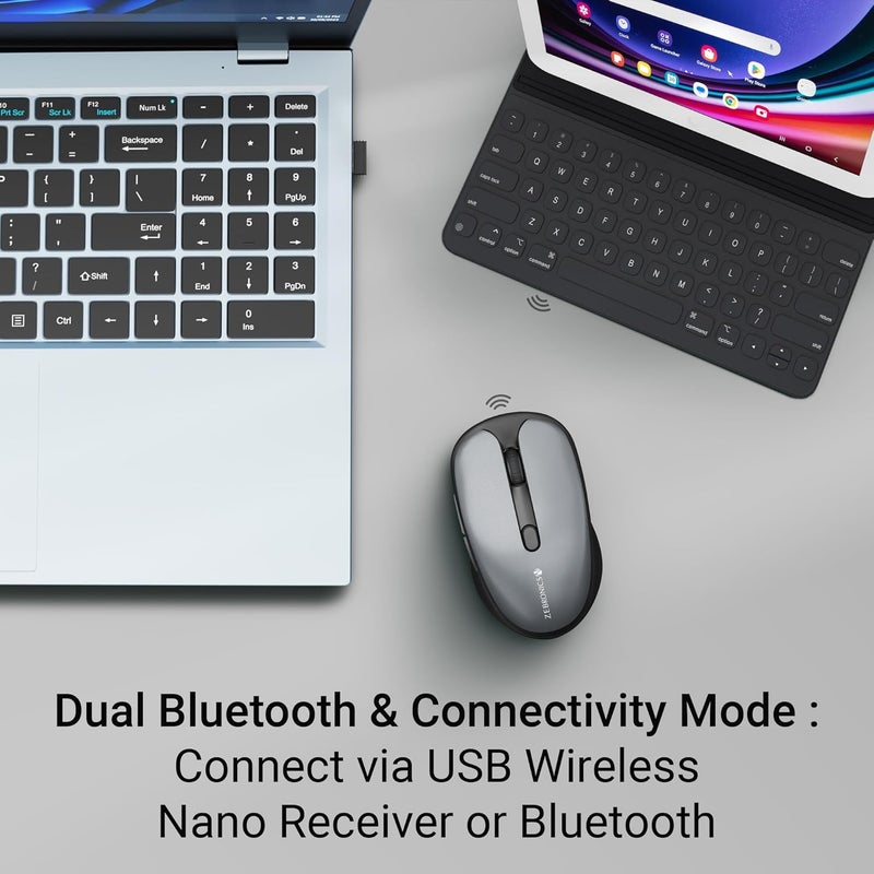 ZEBRONICS Charm Rechargeable Wireless Mouse, Dual Mode (2.4GHz + BT), Dual Bluetooth, Upto 1600 DPI, Silent Operation, 6 Buttons, Comfortable & Ergonomic, for Mac | Laptop | Computer (Metallic Grey) - Image 2