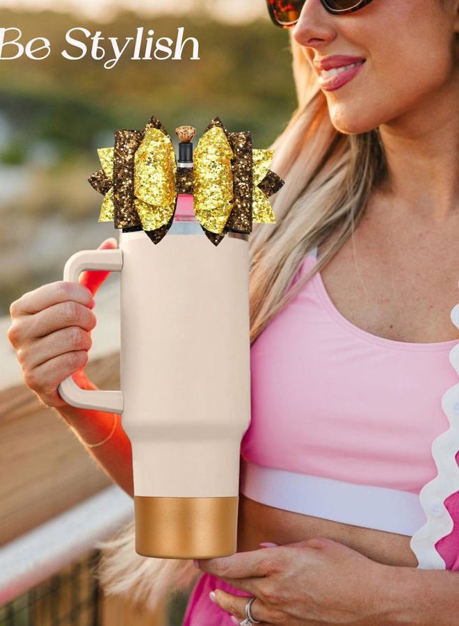 Toykee Cup Boot with Straw Cover for Stanley 40 30 oz - Coffee Gold Bow Straw Topper and Diamond Caps with Bottom Protector 3 PCS Sets for Tumbler Accessories - Image 5