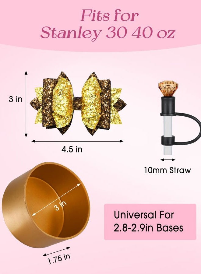 Toykee Cup Boot with Straw Cover for Stanley 40 30 oz - Coffee Gold Bow Straw Topper and Diamond Caps with Bottom Protector 3 PCS Sets for Tumbler Accessories - Image 2