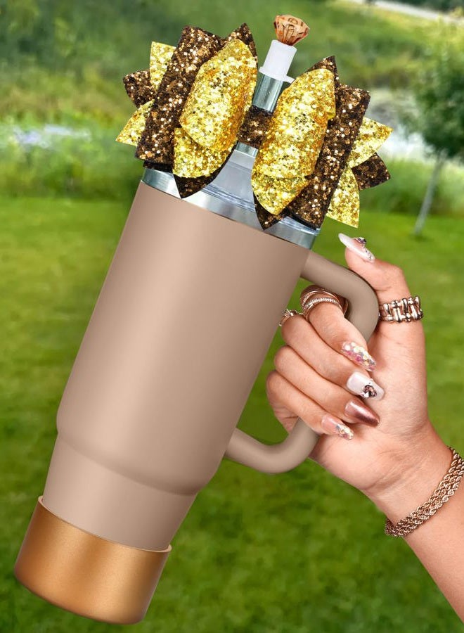 Toykee Cup Boot with Straw Cover for Stanley 40 30 oz - Coffee Gold Bow Straw Topper and Diamond Caps with Bottom Protector 3 PCS Sets for Tumbler Accessories - Image 1