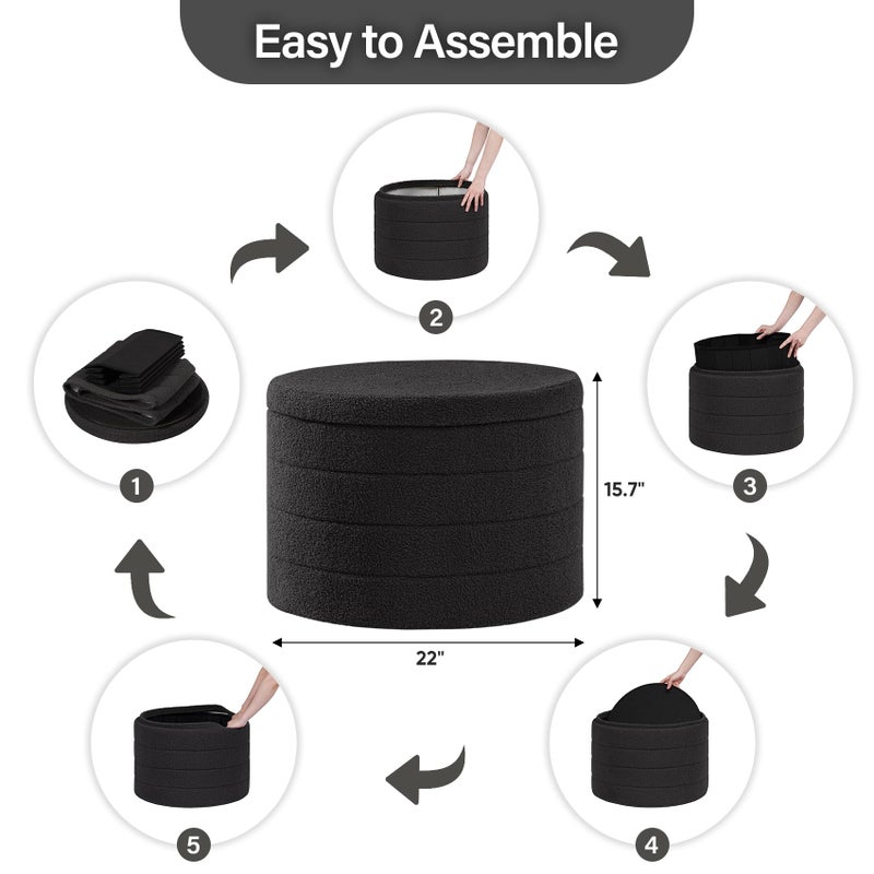 B FSOBEIIALEO Ottoman with Stroage, Round Sherpa Storage Ottoman Stool, Boucle Foot Rest22 x 22"x15.75" (Dark Grey) - Image 5