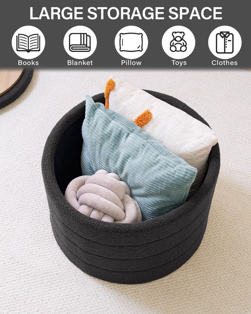 B FSOBEIIALEO Ottoman with Stroage, Round Sherpa Storage Ottoman Stool, Boucle Foot Rest22 x 22"x15.75" (Dark Grey) - Image 3