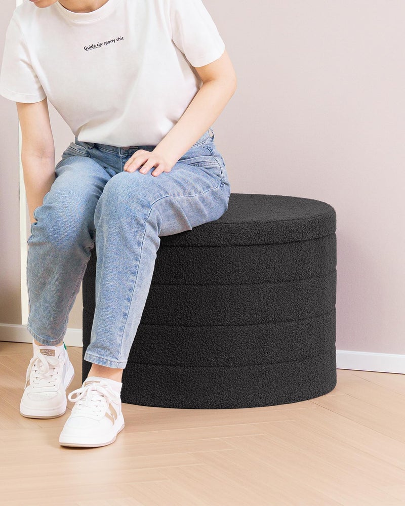 B FSOBEIIALEO Ottoman with Stroage, Round Sherpa Storage Ottoman Stool, Boucle Foot Rest22 x 22"x15.75" (Dark Grey) - Image 4