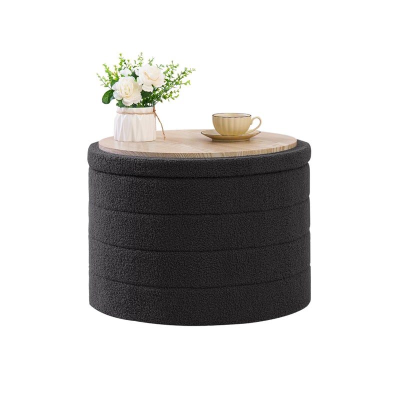 B FSOBEIIALEO Ottoman with Stroage, Round Sherpa Storage Ottoman Stool, Boucle Foot Rest22 x 22"x15.75" (Dark Grey) - Image 1