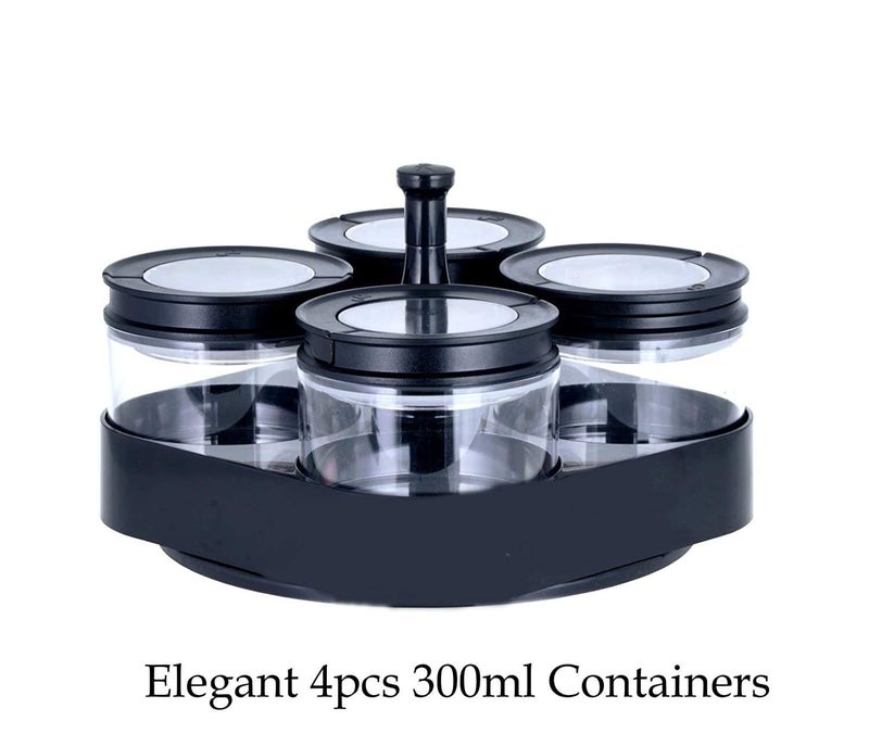 SHOPOBOX Masala Container Airtight & Unbreakable Polycarbonate Jar Set for Kitchen Storage of Pickle, and Dry Fruits with 360 Rotating Tray (4pcs 300ml Jars, Black) - Image 4