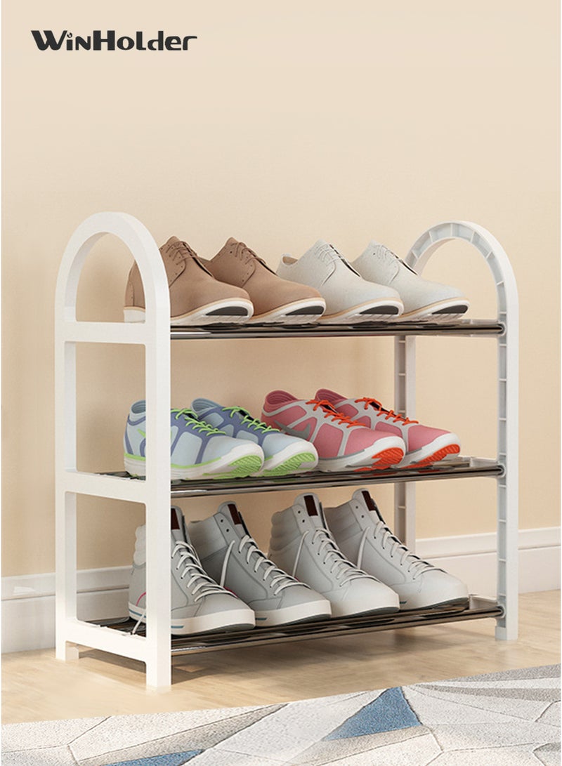 وين هولدر رف أحذية بثلاث طبقات، منظم متعدد الوظائف وخفيف الوزن، حامل معدني متين قابل للتكديس، مناسب للخزانة أو غرفة المعيشة أو غرفة النوم أو الحمام، أبيض - Image 1