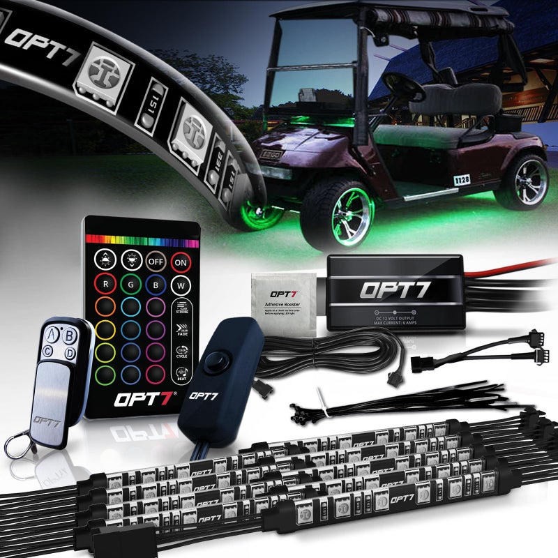 OPT7 Aura Golf Cart Underglow LED Light Strip Kit, RGB Multicolor Accent Lighting w/Wireless Remote Control, 10pcs Exterior Canopy Underbody Decorative LED Strips for EZGO Yamaha Club Car, 12V