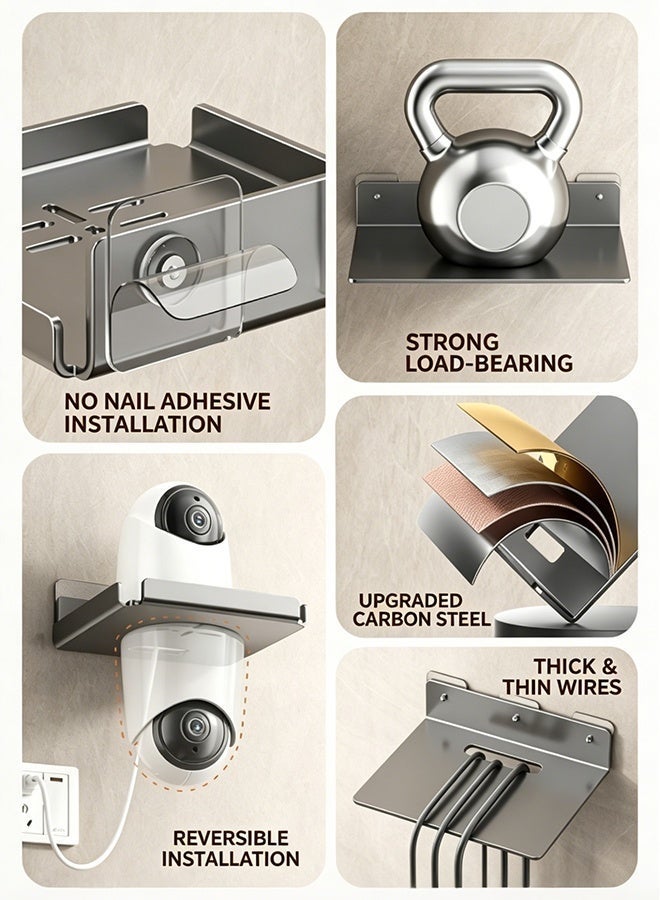 WangPangZi Wall Mount Camera Shelf for Security Cameras, Rustproof Carbon Steel No Drill Floating Holder with Dual Installation, Universal Surveillance Baby & Pet Monitor Smart Speaker Small Devices, Suitable for Bedroom Living Room Bathroom Kitchen Office, Dark Grey - Image 4