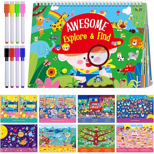 SpriteGru 30 Dry Erase Activities Book Reusable Erasable Game Pad Explore and Find Games Montessori Learning Tool Educational Autism Sensory Toys for Kids Road Trip Airplane Travel Markers Included - Image 1