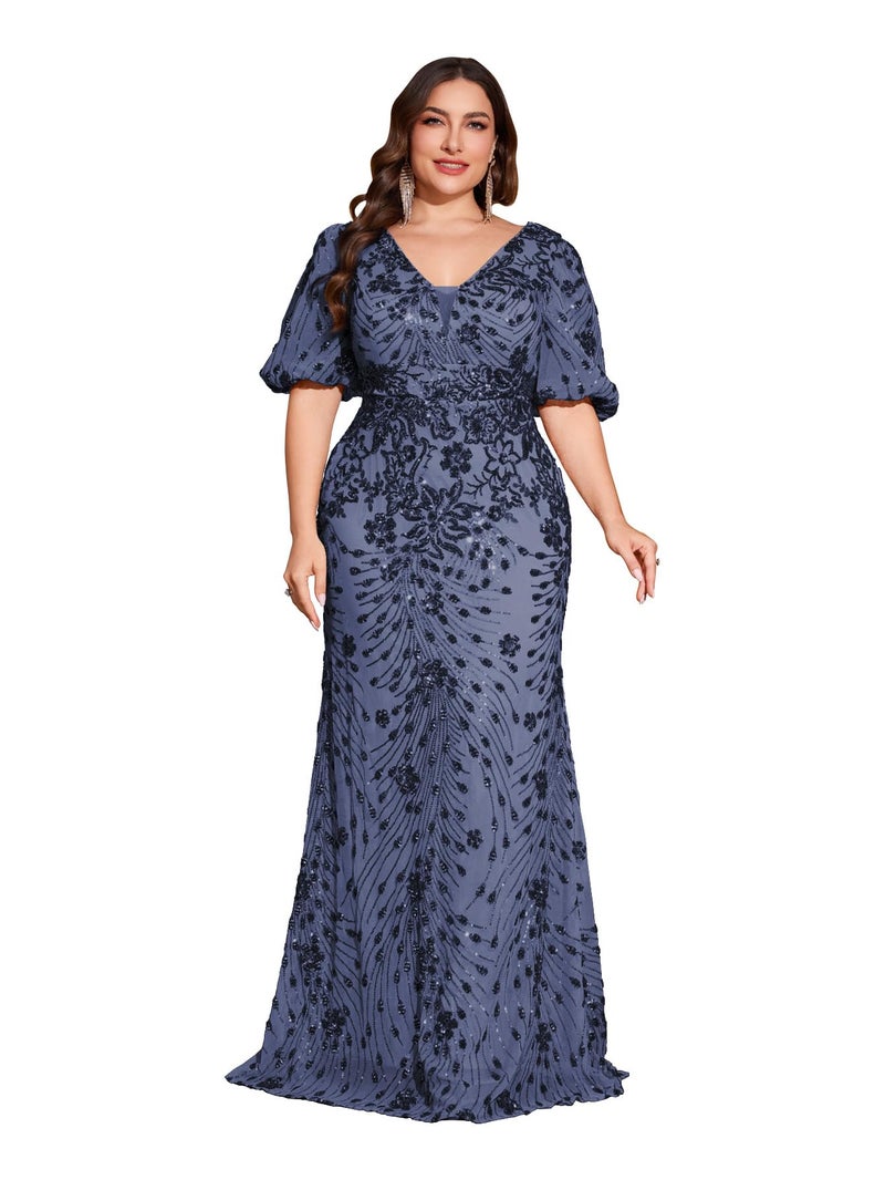XUIBOL Plus Size Short Sleeves Womens Sequin Evening Dress Formal Gowns Evening Glitter Mermaid Wedding Guest Dresses Airyblue 0XL - Image 1