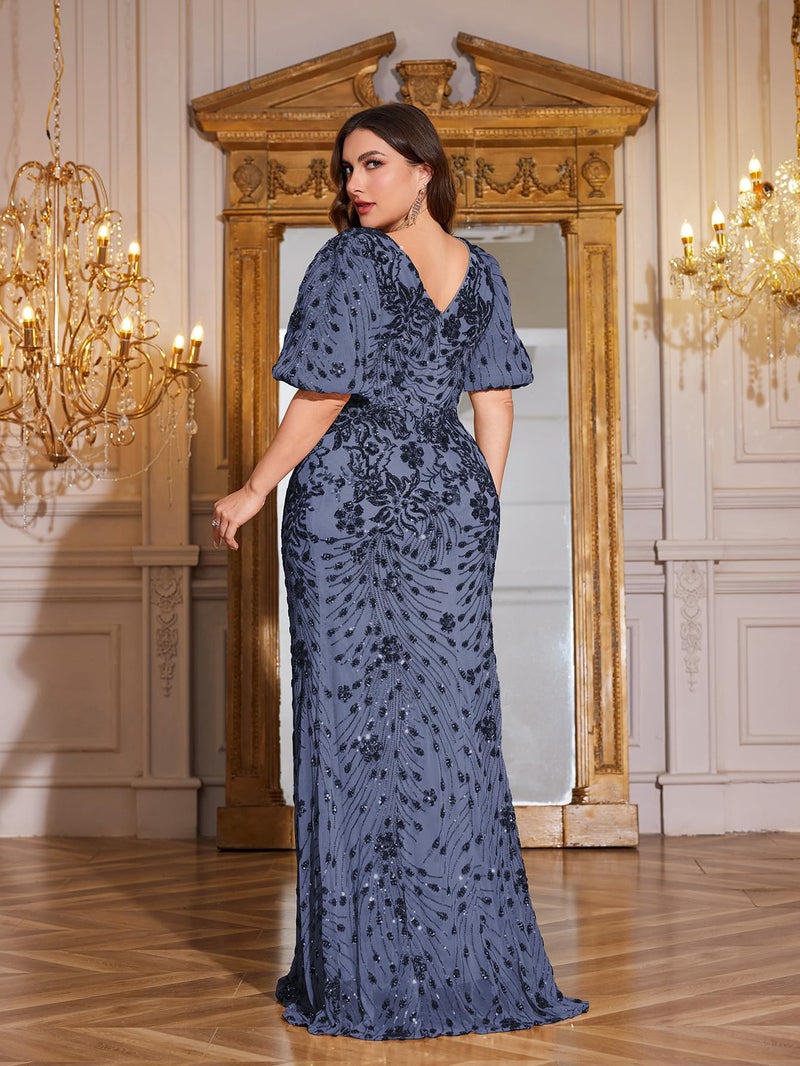 XUIBOL Plus Size Short Sleeves Womens Sequin Evening Dress Formal Gowns Evening Glitter Mermaid Wedding Guest Dresses Airyblue 0XL - Image 2