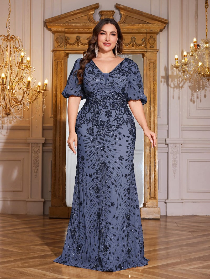 XUIBOL Plus Size Short Sleeves Womens Sequin Evening Dress Formal Gowns Evening Glitter Mermaid Wedding Guest Dresses Airyblue 0XL - Image 3