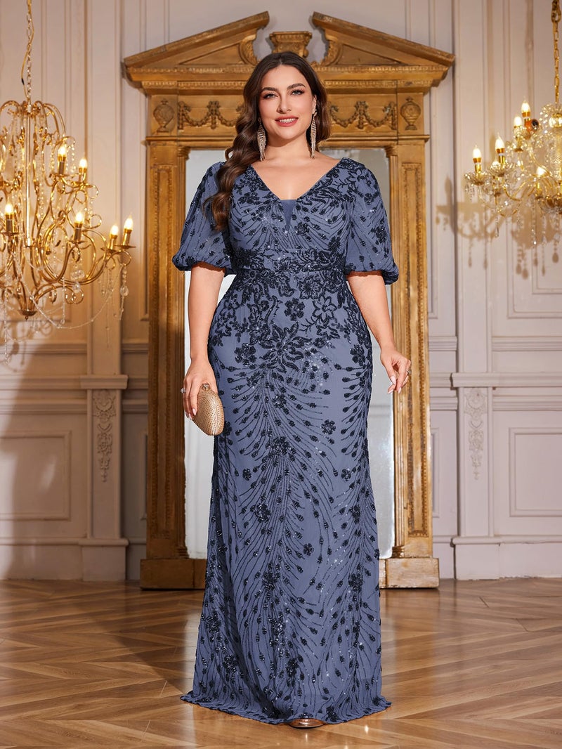 XUIBOL Plus Size Short Sleeves Womens Sequin Evening Dress Formal Gowns Evening Glitter Mermaid Wedding Guest Dresses Airyblue 0XL - Image 5