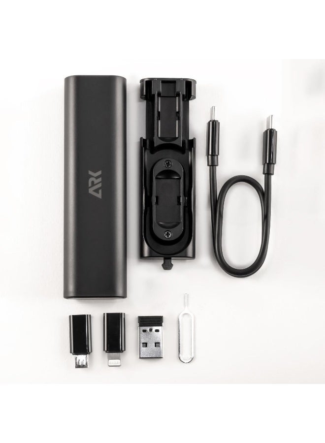 آرْكْ تِكْنُو صندوق تخزين وشحن محمول متعدد الوظائف 7 في 1 – مجموعة محولات شاملة لأجهزة Type-C وLightning وMicro USB مع حامل للهاتف، ونقل البيانات، وأداة بطاقة SIM - Image 2