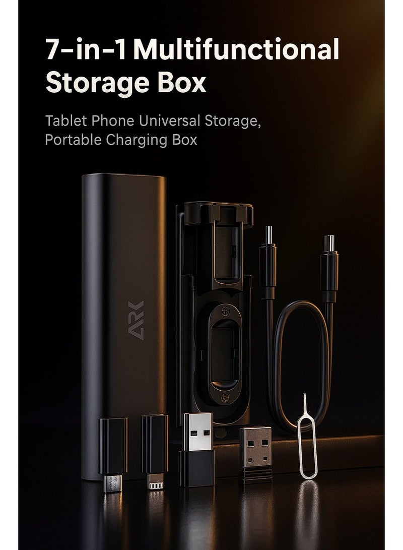 آرْكْ تِكْنُو صندوق تخزين وشحن محمول متعدد الوظائف 7 في 1 – مجموعة محولات شاملة لأجهزة Type-C وLightning وMicro USB مع حامل للهاتف، ونقل البيانات، وأداة بطاقة SIM - Image 1