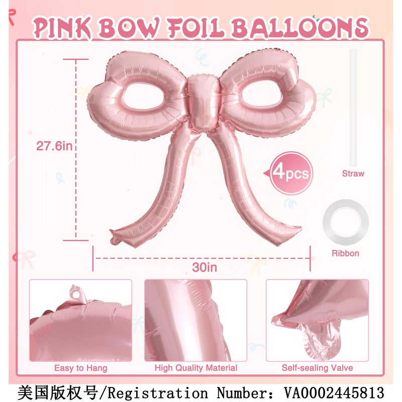 YTHETM 4 Pcs Pink Bow Balloons Bow Party Decorations for Girl Women Pink Bow Birthday Decorations Giant Foil Balloon for Baby Shower Bridal Engagement Wedding Decor Bachelorette Party Supplies - Image 2
