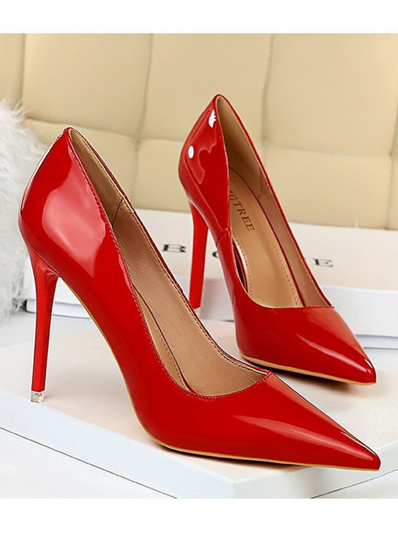 BIGTREE Women's Fashionable Shiny Stiletto Pumps 10.5cm Elegant Gorgeous Closed Pointed Toe Slip On Solid High Heels Red - Image 2