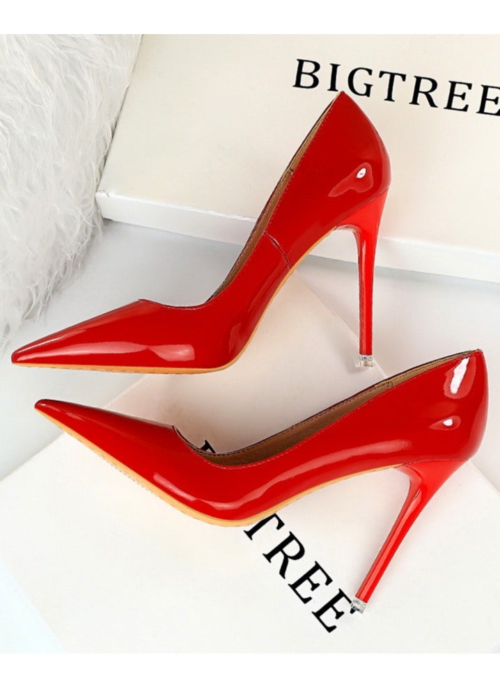 BIGTREE Women's Fashionable Shiny Stiletto Pumps 10.5cm Elegant Gorgeous Closed Pointed Toe Slip On Solid High Heels Red - Image 1