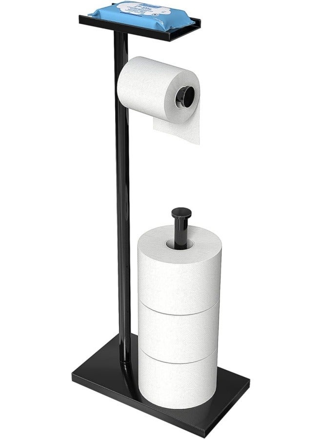 Toilet Paper Holder Free Standing - Multifunctional & Rustless Toilet Paper Holder Stand for 4 Rolls, Anti-Slip Black Toilet Paper Holder with Shelf for Phones, Small Items - Image 1