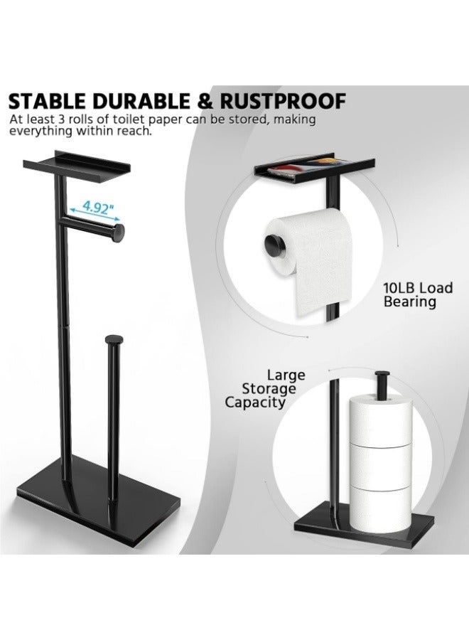 Toilet Paper Holder Free Standing - Multifunctional & Rustless Toilet Paper Holder Stand for 4 Rolls, Anti-Slip Black Toilet Paper Holder with Shelf for Phones, Small Items - Image 3