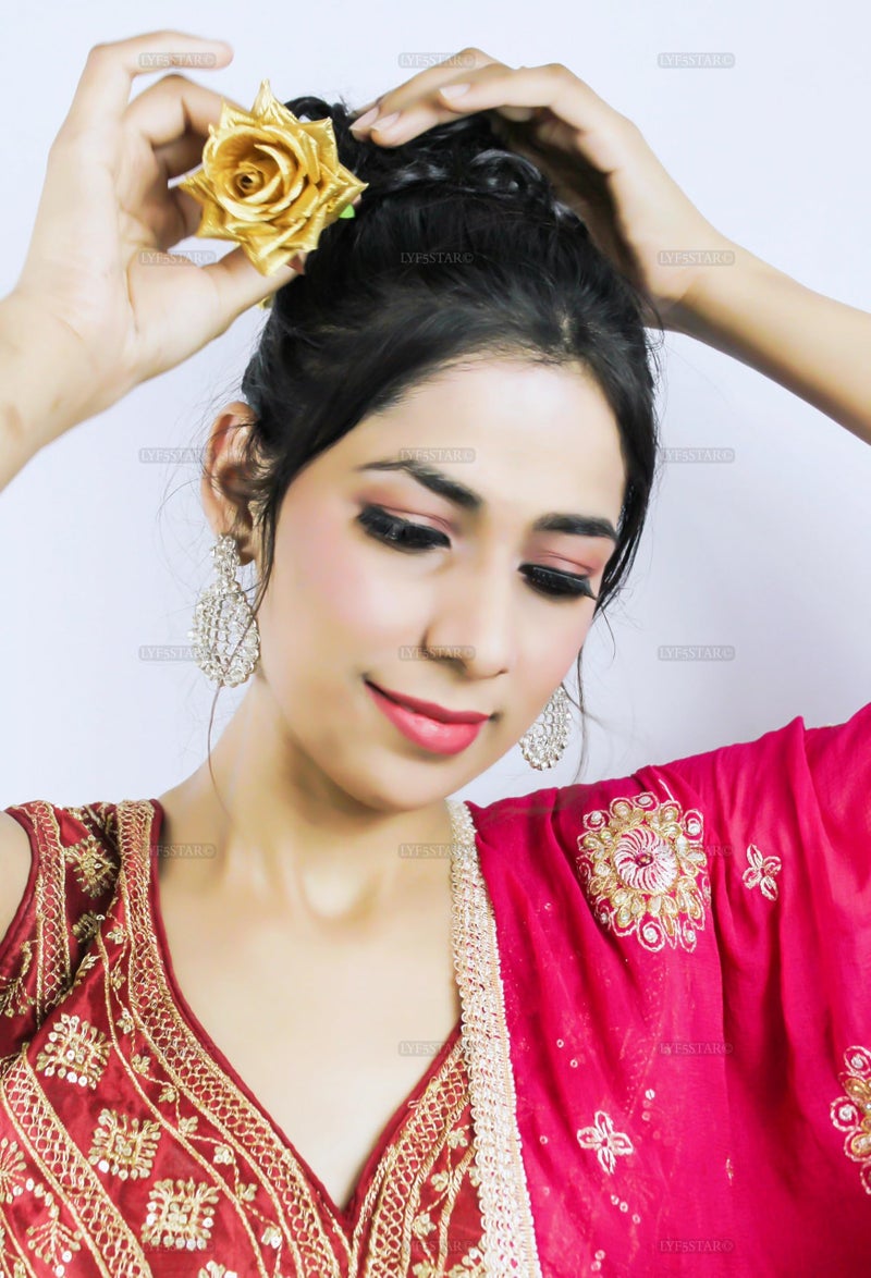 LYF5STAR Handmade Bride Golden Rose Floral Juda Pin For Women| Elegant Rose Wedding Hair Accessories |Traditional Indian Hair Accessories for Women & Girls|Pack Of 2 - Image 4