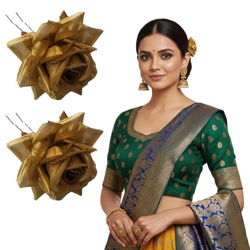LYF5STAR Handmade Bride Golden Rose Floral Juda Pin For Women| Elegant Rose Wedding Hair Accessories |Traditional Indian Hair Accessories for Women & Girls|Pack Of 2 - Image 1