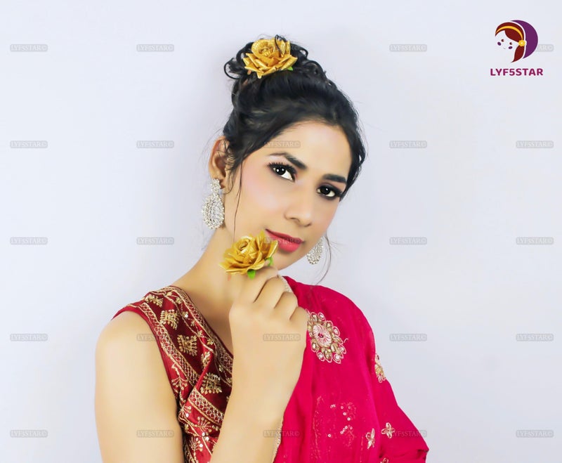 LYF5STAR Handmade Bride Golden Rose Floral Juda Pin For Women| Elegant Rose Wedding Hair Accessories |Traditional Indian Hair Accessories for Women & Girls|Pack Of 2 - Image 2
