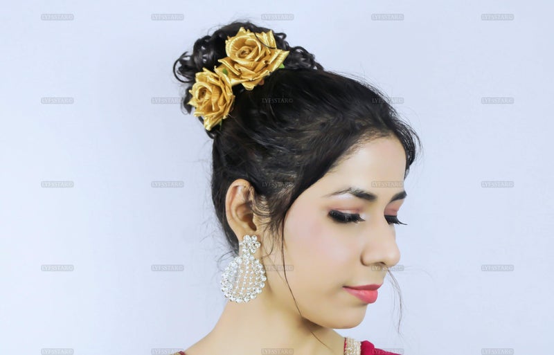 LYF5STAR Handmade Bride Golden Rose Floral Juda Pin For Women| Elegant Rose Wedding Hair Accessories |Traditional Indian Hair Accessories for Women & Girls|Pack Of 2 - Image 3