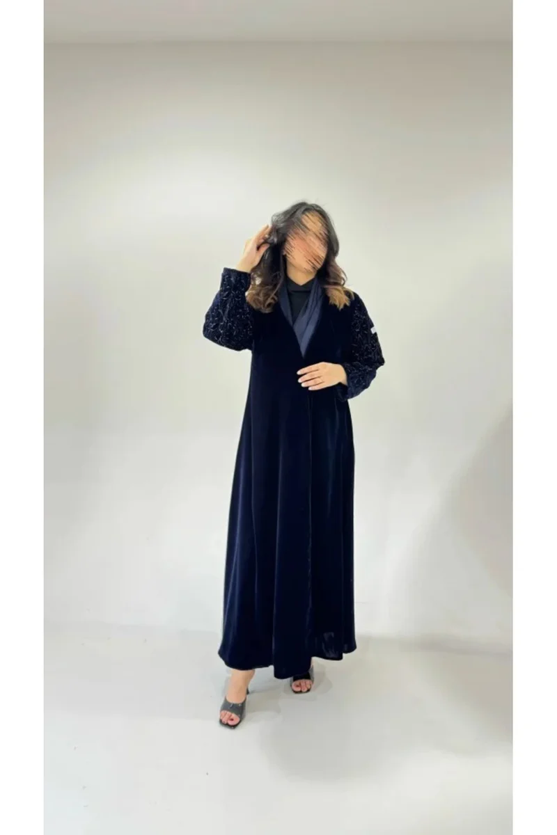 Tori-abaya Navy velvet abaya with embroidered sleeves