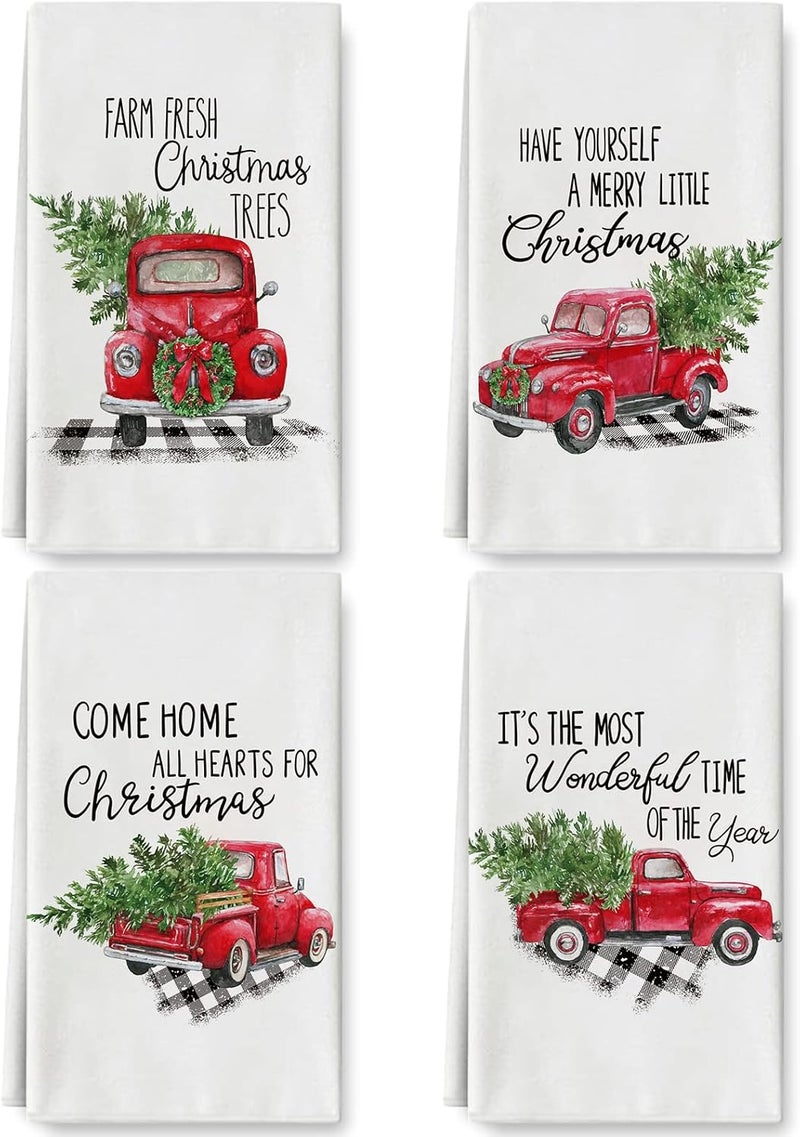 Whaline Christmas Truck Kitchen Towel 18 x 28 Inch Watercolor Xmas Tree Truck Dish Towel Set of 4 Holiday Seasonal Hand Drying Towel Tea Towel for Christmas Party Cooking Baking Supplies - Image 1