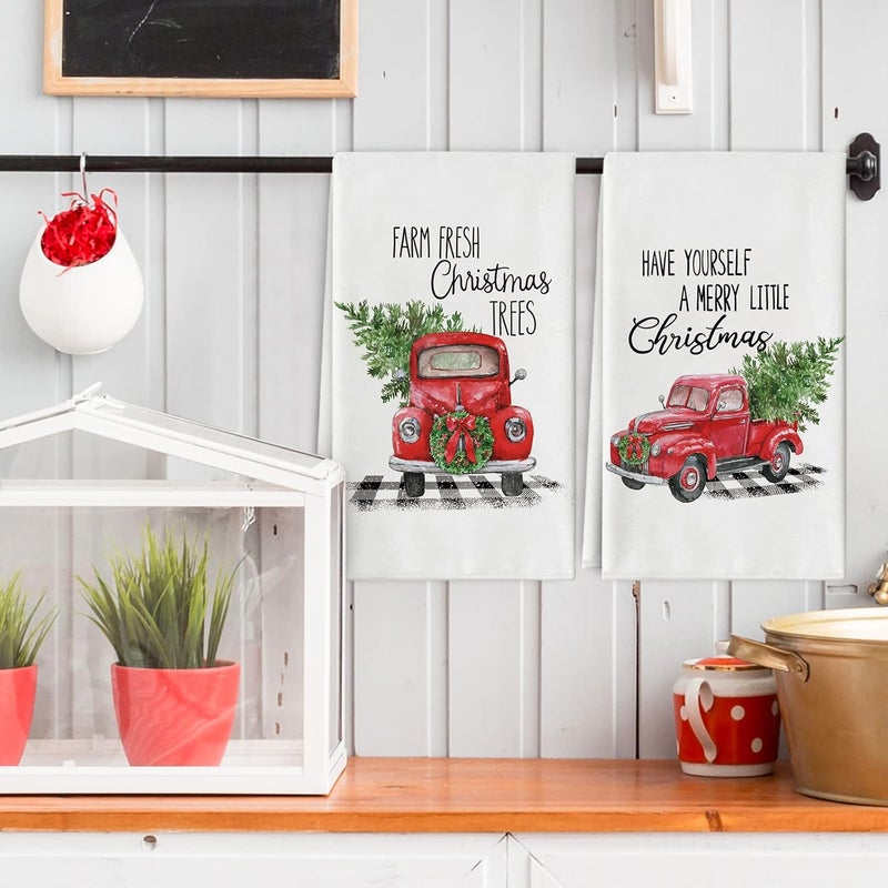 Whaline Christmas Truck Kitchen Towel 18 x 28 Inch Watercolor Xmas Tree Truck Dish Towel Set of 4 Holiday Seasonal Hand Drying Towel Tea Towel for Christmas Party Cooking Baking Supplies - Image 5